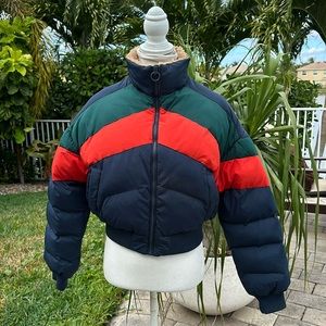 URBAN OUTFITTERS SIZE SMALL NAVY CROPPED PUFFER JACKET VINTAGE RETRO GRE…